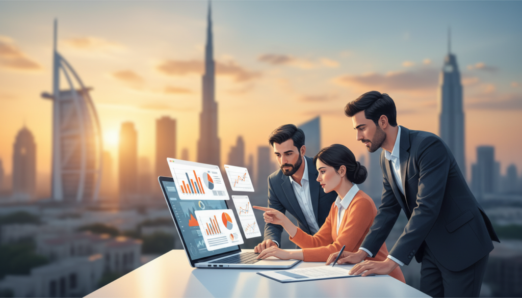 Dubai SME team planning an AI SEO roadmap with analytics dashboard