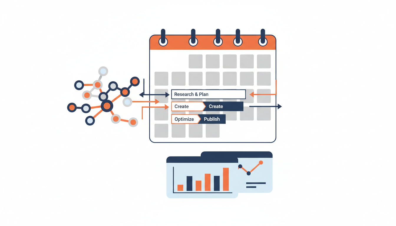 30-day AI SEO workflow illustration with calendar and optimization steps